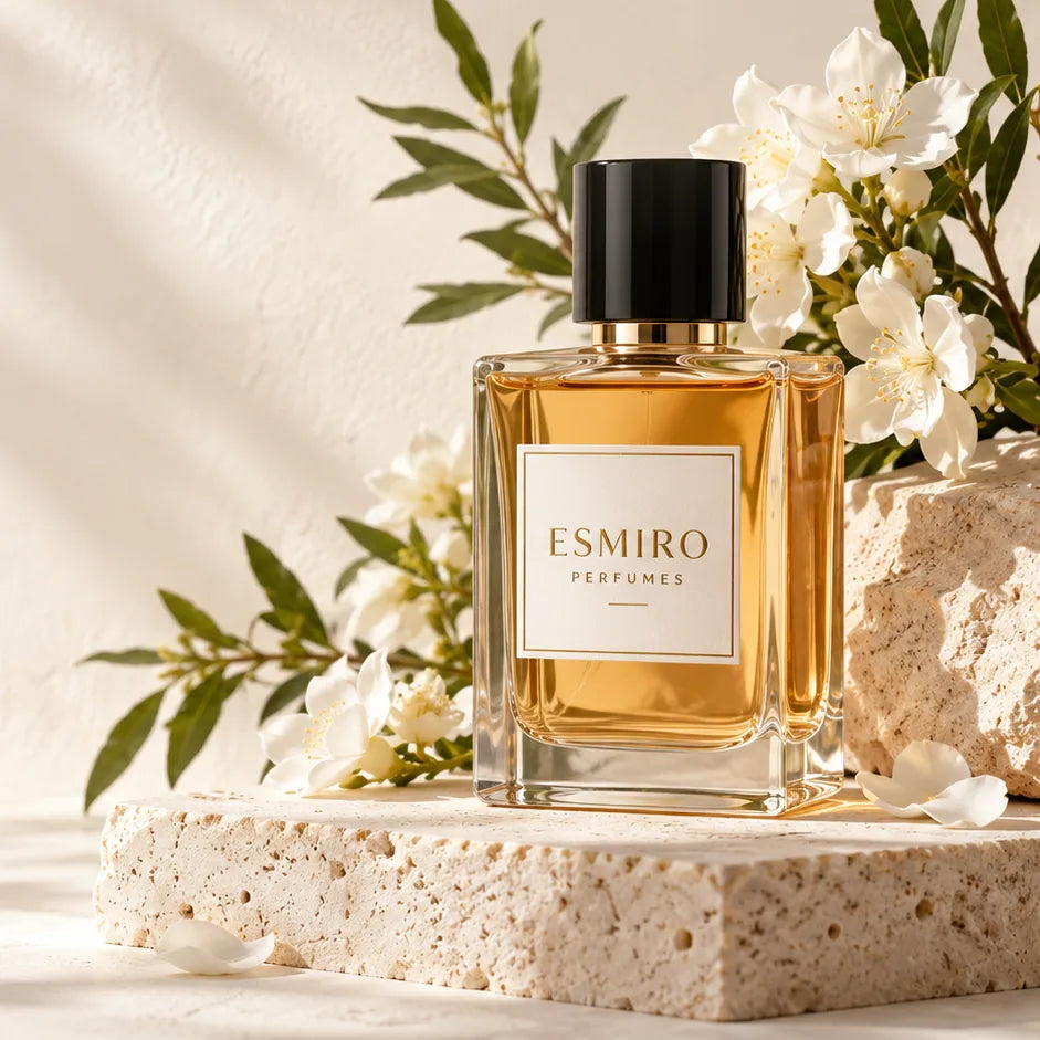 ESMIRO Eau de Parfum bottle on travertine stone with white jasmine