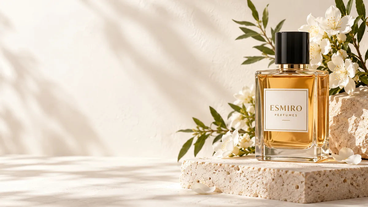 ESMIRO Eau de Parfum bottle on travertine stone with white jasmine